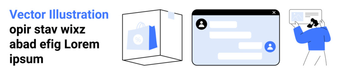 Obraz premium Digital communication, business collaboration, messaging platforms, online storage, virtual interactions, information sharing. Icons and character chat box, cloud folder, and person with document