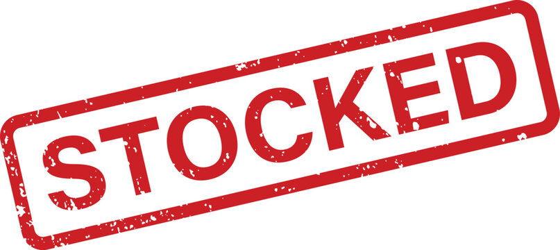 A distressed red rubber stamp featuring the word STOCKED with a bold rectangular frame