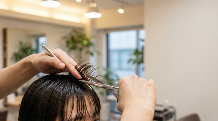 Naklejka premium Hair stylist trimming bangs of a young woman in salon 