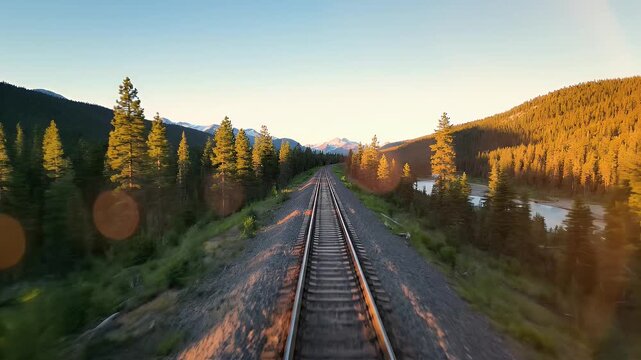 Tracks leading into distance through a forested valley with mountains at the horizon