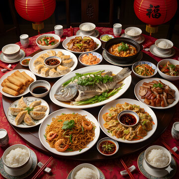 Traditional Chinese New Year Reunion Dinner with Festive Dishes