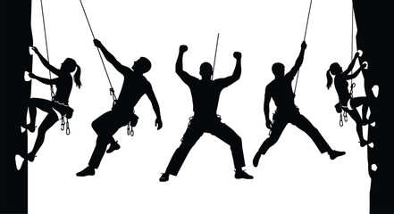 Rock climbing silhouettes showing rappelling ascent and victory poses, male and female climbers with safety ropes, extreme outdoor adventure sport vector illustration set © MD. NUR ISLAM
