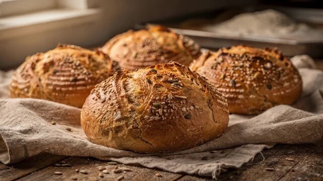 Medium shot of round seeded boules freshly baked showing a golden crust and intricate scoring patterns placed casually on a linen cloth for a cozy homemade feel.