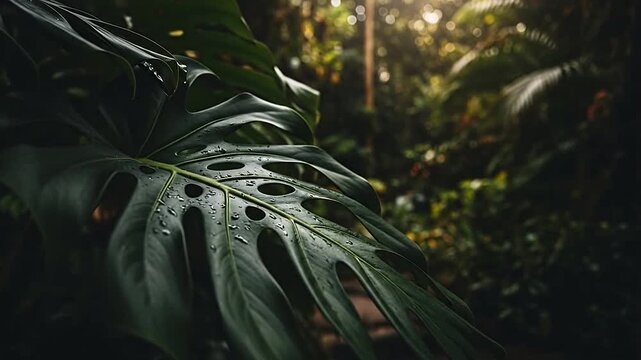 Large green leaf with holes in tropical forest.