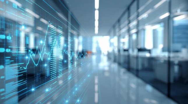 Modern office corridor with futuristic digital data visualizations on glass walls viewed from a sleek hallway perspective