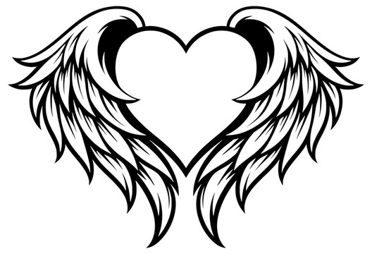 Heavenly Angel Wings Wrapped Around Heart Vector Illustration - Memorial Love Silhouette Design - Spiritual Guardian Emblem for Romantic and Sympathy Decor