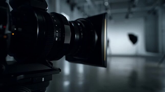 A large camera lens capturing a dimly lit studio scene with a single spotlight on a mysterious object