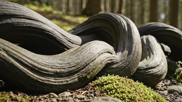 Close-up of ancient, gnarled tree roots covered in vibrant green moss, showcasing intricate textures and organic patterns in a natural forest setting, conveying a sense of age and natural beauty
