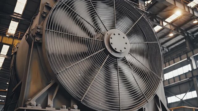 Large industrial fan with a protective grill, in motion, inside a metal factory