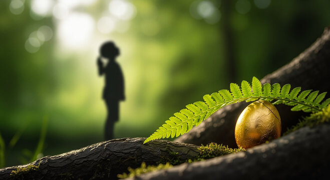 A golden treasure found during a magical egg hunt in an enchanted forest. For children's storybooks, fantasy themes, and whimsical Easter promotions.