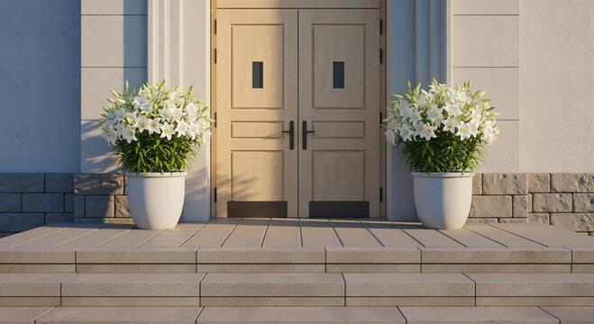 The welcoming entrance to a building decorated with white flowers for an Easter service. For church bulletins, religious event invitations, and articles on holiday traditions.