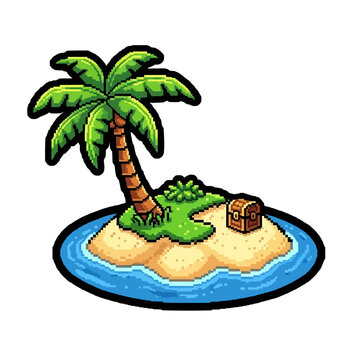 Pixel art illustration of a tropical desert island with a palm tree and treasure chest.