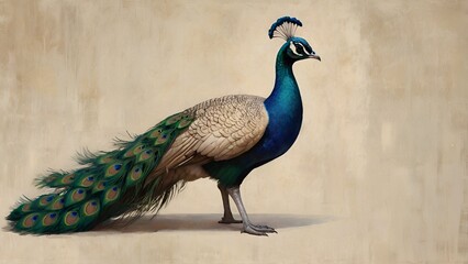 Fototapeta premium peacock full body, soft blended oil strokes, graceful posture, solid pastel beige background,