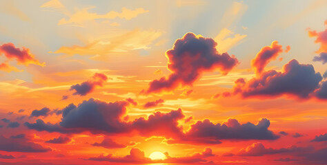 Obraz premium sunset, sky, clouds, horizon, dusk, twilight, evening, glow, light, color, warm, golden, orange, red, blue, purple, gradient, atmosphere, mood, serene, calm, peaceful, dramatic, scenic, nature, landsc