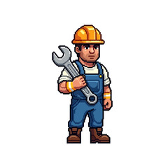 Fototapeta premium Cartoon man in overalls and hard hat holding a large wrench.