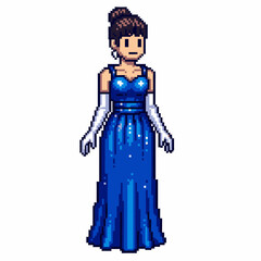 Obraz premium Woman in a blue formal gown and white gloves stands with arms at sides.