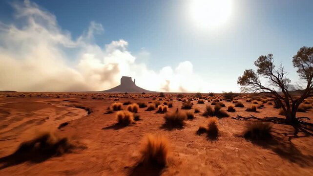 An expansive desert landscape under a bright sky with dramatic cloud cover, featuring mesas and sparse vegetation