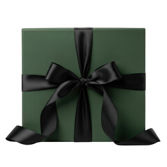 A beautifully wrapped green gift box with a black ribbon