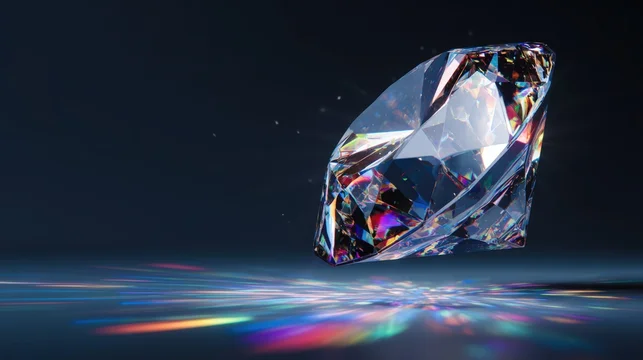 Floating diamond gemstone radiating colorful light sparkles in dark space
