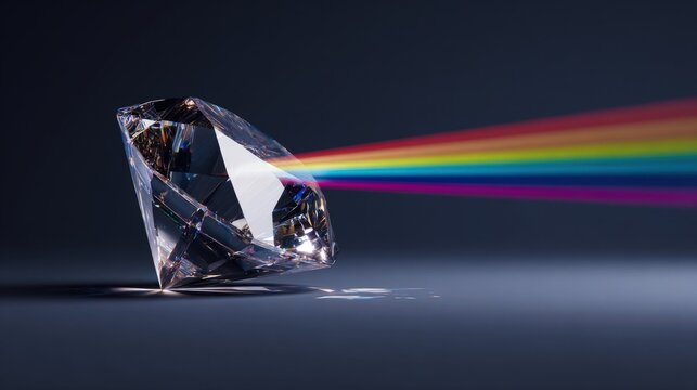 Clear diamond prism splitting white light into colorful rainbow spectrum