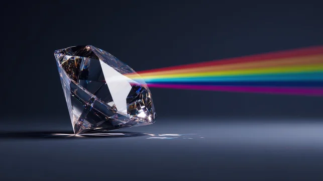 Clear diamond prism splitting white light into colorful rainbow spectrum