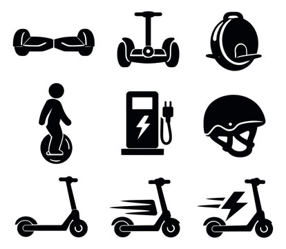 Modern icon set featuring electric scooters, unicycles, hoverboards, segways, a charging station, and a safety helmet for sustainable urban mobility