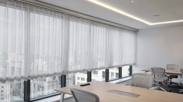 Motorized wave header drapes gently moving in sync with a remotecontrolled rail system highlighting their elegant seamless undulating pattern in a contemporary office space.