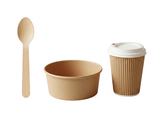 Assorted wooden and paper disposable tableware set on a white background isolated on transparent background
