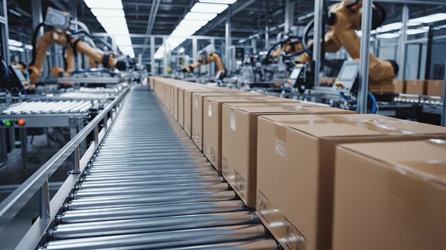 Boxes on a conveyor belt in a factory, with robotic arms in the background