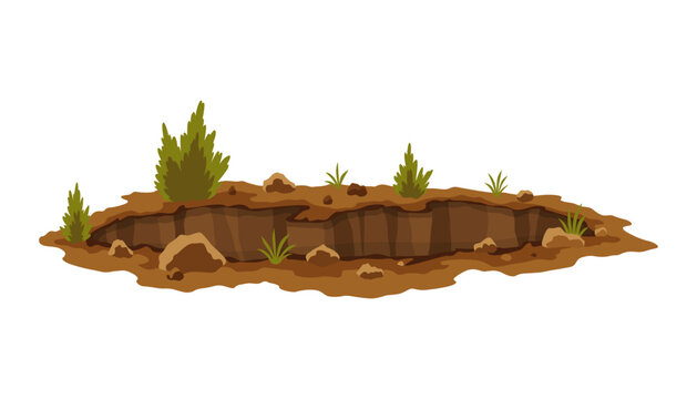 Hole ground. Works digging of sand coal waste rock or gravel. Brown, dry mine element of landscape. Cartoon illustration