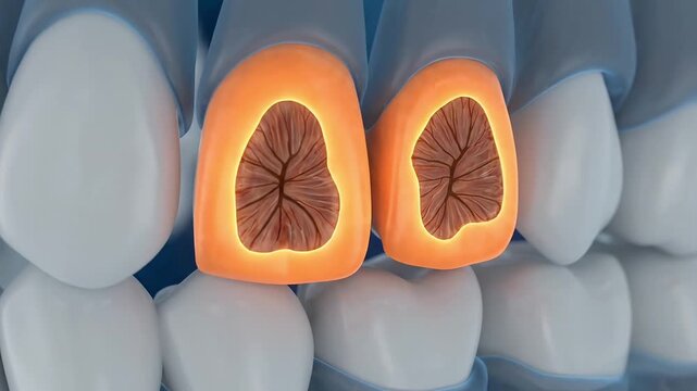 Dental anatomy close up glowing tooth pulp internal structure health care medical animation