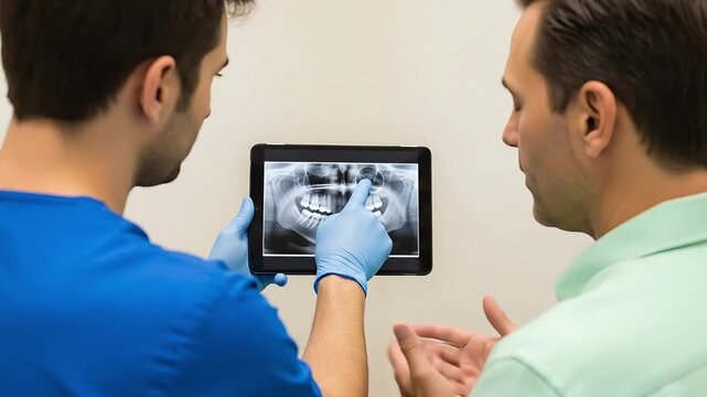 Dentist Explains Dental X-ray on Tablet to Patient Modern Dental Care Consultation Technology