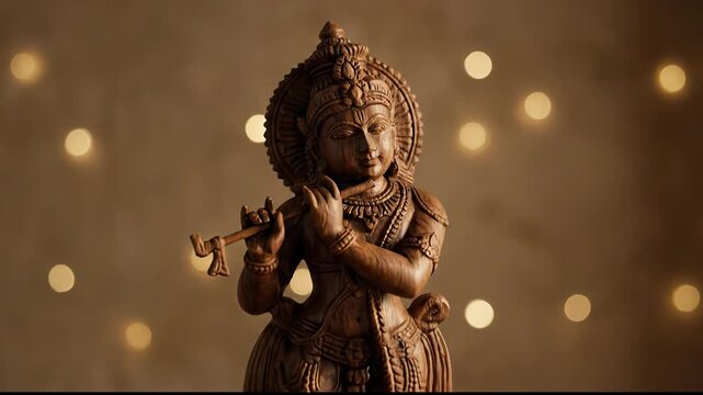 The intricately carved krishna idol playing the flute is highlighted in a warm, devotional close-up with golden bokeh.