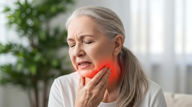 Elderly woman experiencing severe jaw pain and discomfort with glowing red area indicating inflammation and distress