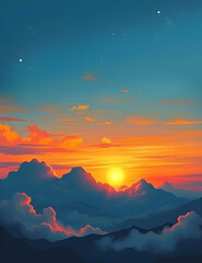 Fototapeta premium sunset, sky, clouds, horizon, dusk, twilight, evening, glow, reflection, light, warm, amber, crimson, blue, violet, pastel, gradient, atmosphere, mood, tranquil, serene, peaceful, dramatic, scenic, na