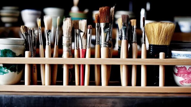 Medium shot emphasizing a drying rack with hanging brushes and tools in crisp detail complemented by the blurred deep basin sink and storage area.