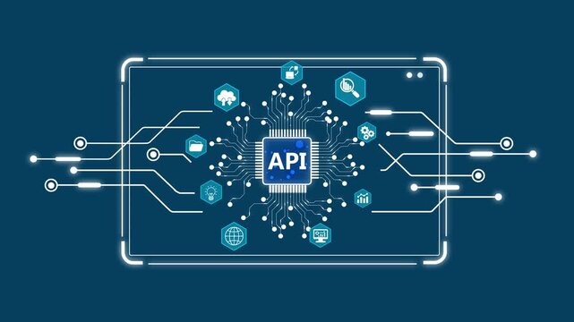 A P I technology concept with circuit board and on a smartphone screen representing software development and data exchange