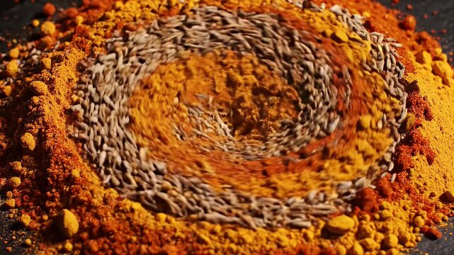 Spices swirl, a mix of grains and powders with yellows, oranges and browns