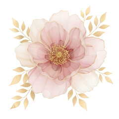 Elegant abstract watercolor pink blossom with shimmering gold outlines and decorative golden leaves on a clean white background perfect for luxury wedding invitations and floral greeting card