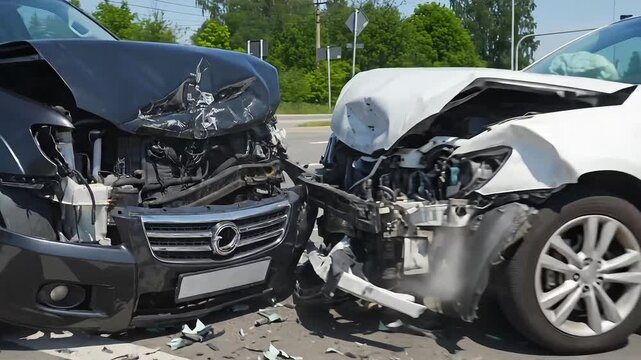 Head on car crash aftermath showing severely damaged vehicles at intersection with debris scattered on road