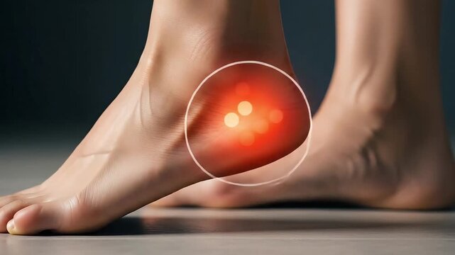 Human ankle pain inflammation injury medical visualization with glowing red hotspot and concentric circles on skin texture background