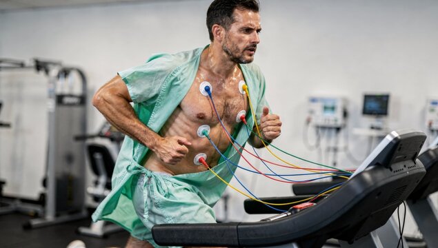 A determined middle-aged man in a hospital gown undergoes a cardiac stress test on a treadmill showcasing empowerment and resilience while connected to an EKG machine to monitor heart health and welln