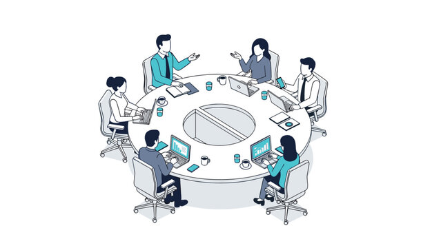 Professional group of six diverse business people is gathered around a large round white table for a collaborative and productive meeting.