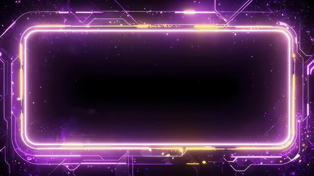 Glowing neon rectangle frame with geometric tech elements, purple and gold