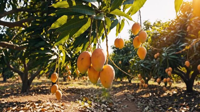 A video showcasing a lush mango orchard with ripe mangoes hanging from trees in a serene natural setting