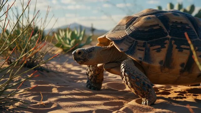 Close-up view of a tortoise walking on sandy terrain with sunlight casting shadows, surrounded by desert vegetation