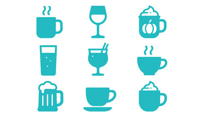 A collection of various beverage icons in teal color on white background