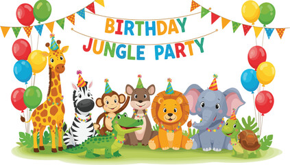Naklejka premium Jungle Safari Birthday Party Invitation Template Featuring Cute Cartoon Animals with Party Hats Balloons Bunting and Colorful Wild Life Characters
