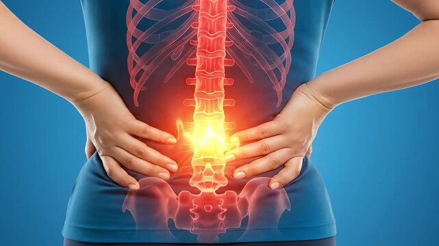 Human spine pain ache discomfort medical glowing lumbar region radiating heat and inflammation with hands holding lower back on blue background