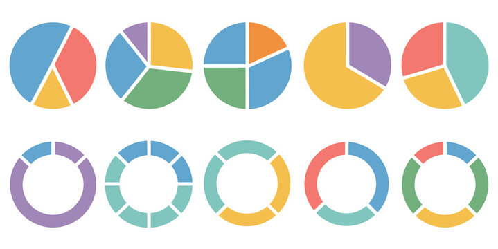 Circle division infographic icon set, showcasing round pie and donut charts with segmented wheel fractions as isolated vector illustrations on white background.